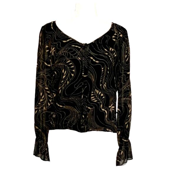 Maggie London Top Blouse Silk Black Tan V-Neck Long Sleeve Dressy Top Size 8 NEW - Picture 12 of 12